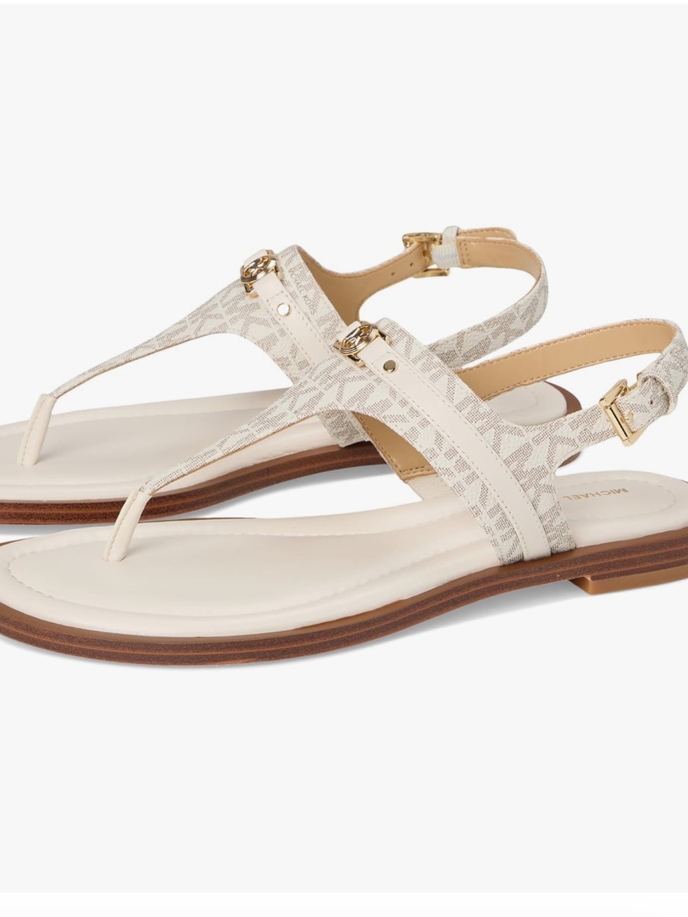 Michael Kors Cream Monogram Thong Sandals with Gold Accents